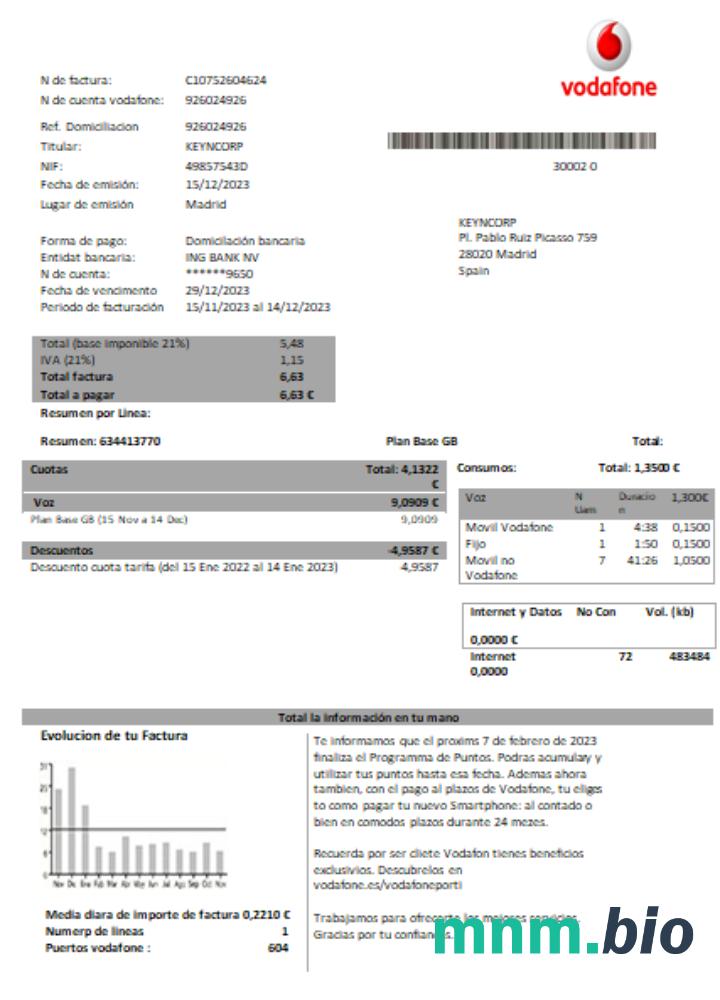 Rachunek za usługi telekomunikacyjne Vodafone, szablon Word i PDF